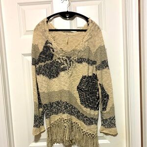 Fringed Beige and Black Sweater